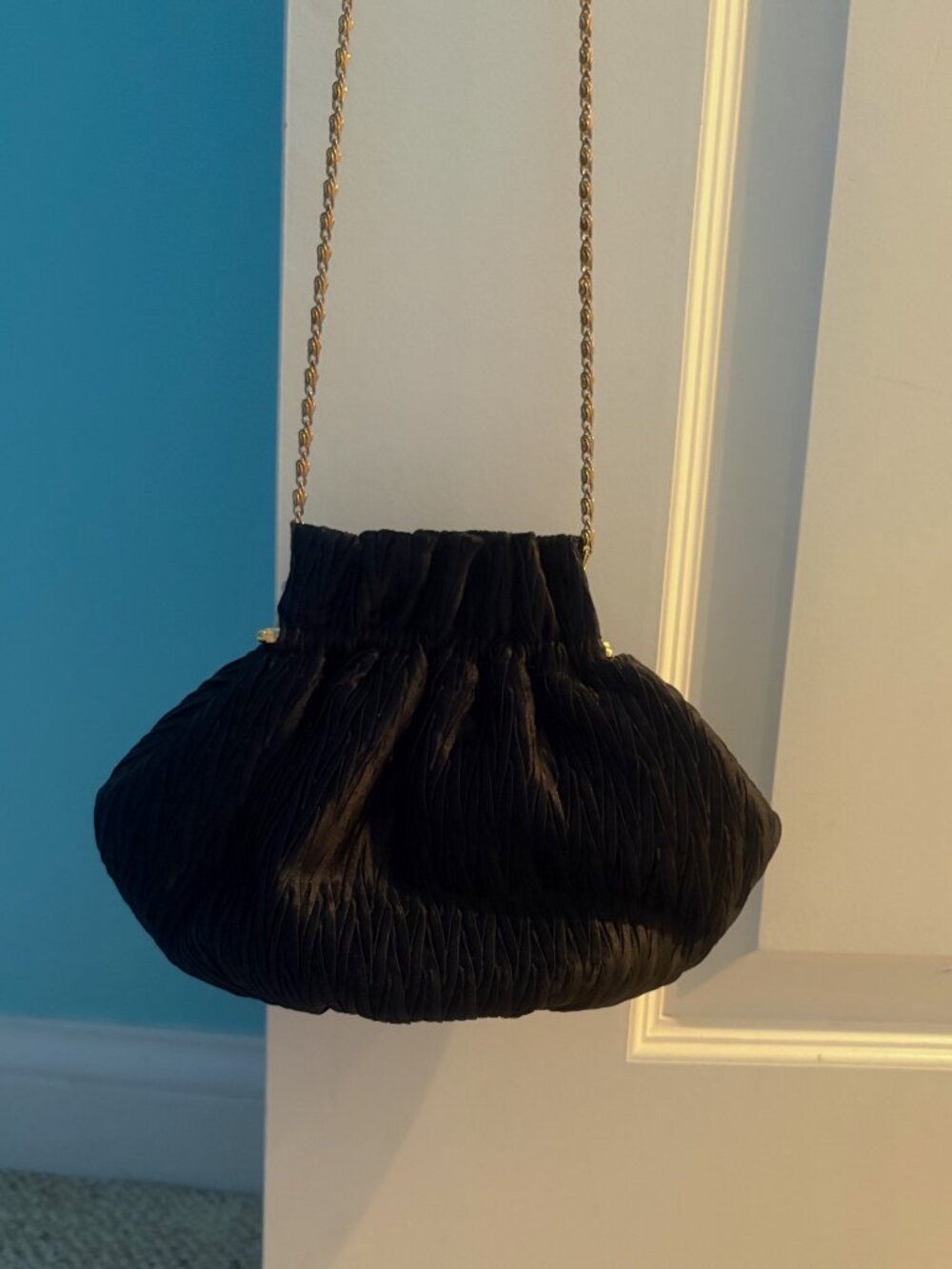 La Regale, LTD. Black Ruche Satin Evening Bag with Gold chain and Clasp EUC